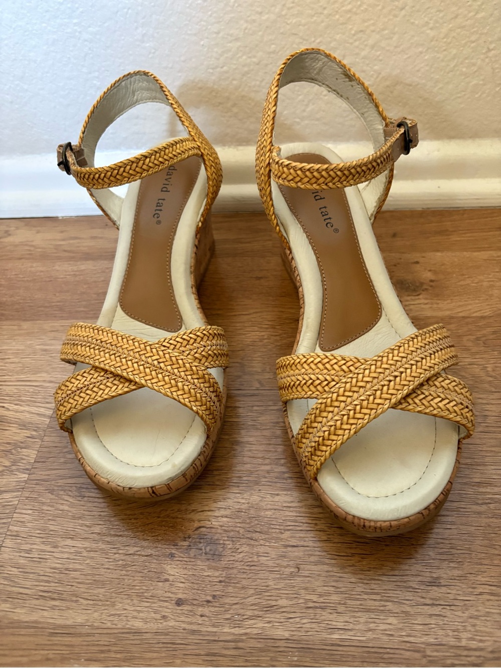 David Tate Braided Tan Wedge Sandals with Ankle Strap - 8.5 W